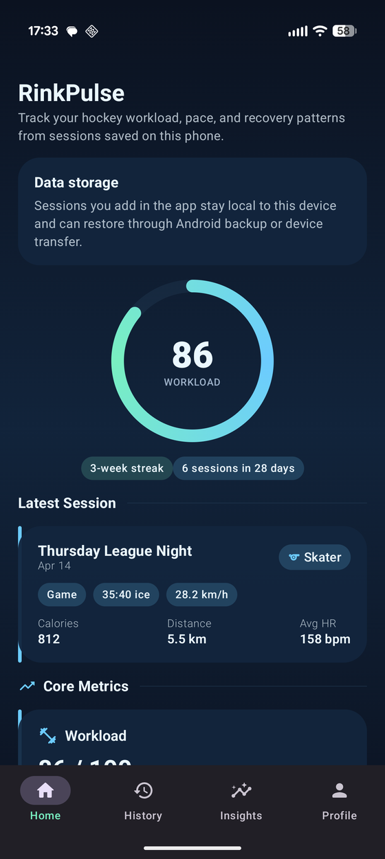 RinkPulse Companion home screen with workload score and latest session